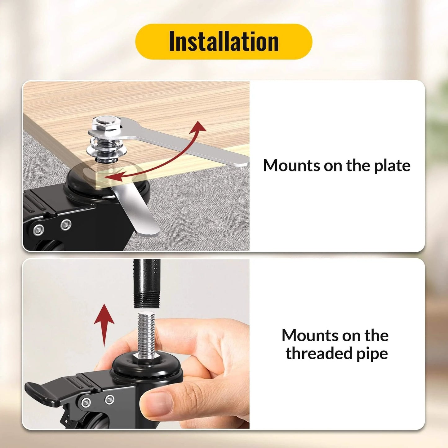 Installation of 2 Inch Stem Caster Wheels Total Locking Heavy Duty Swivel Castors with 3/8 Inch 16 x 1 Threaded Stem.