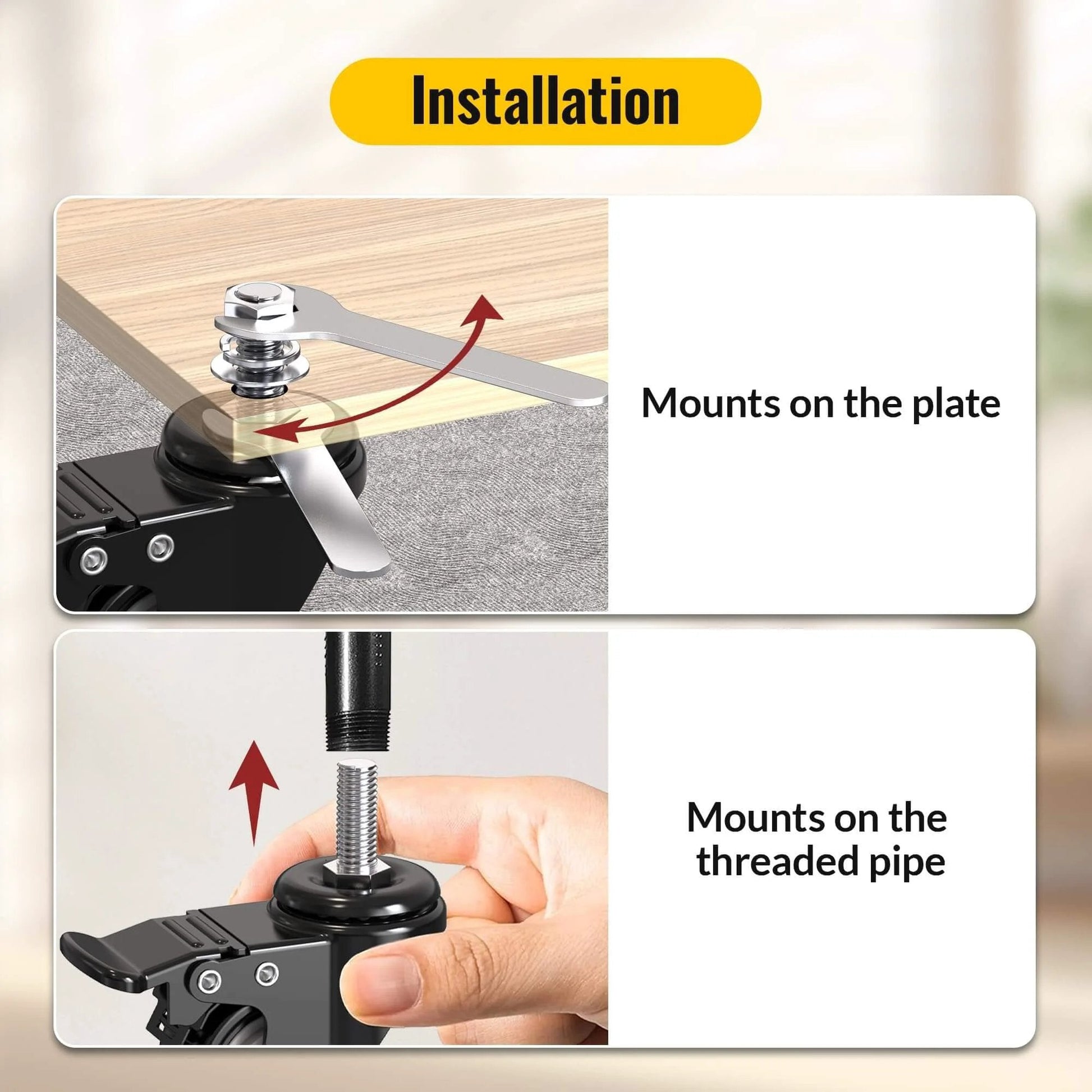 Installation of 2 Inch Stem Caster Wheels Total Locking Heavy Duty Swivel Castors with 3/8 Inch 16 x 1 Threaded Stem.