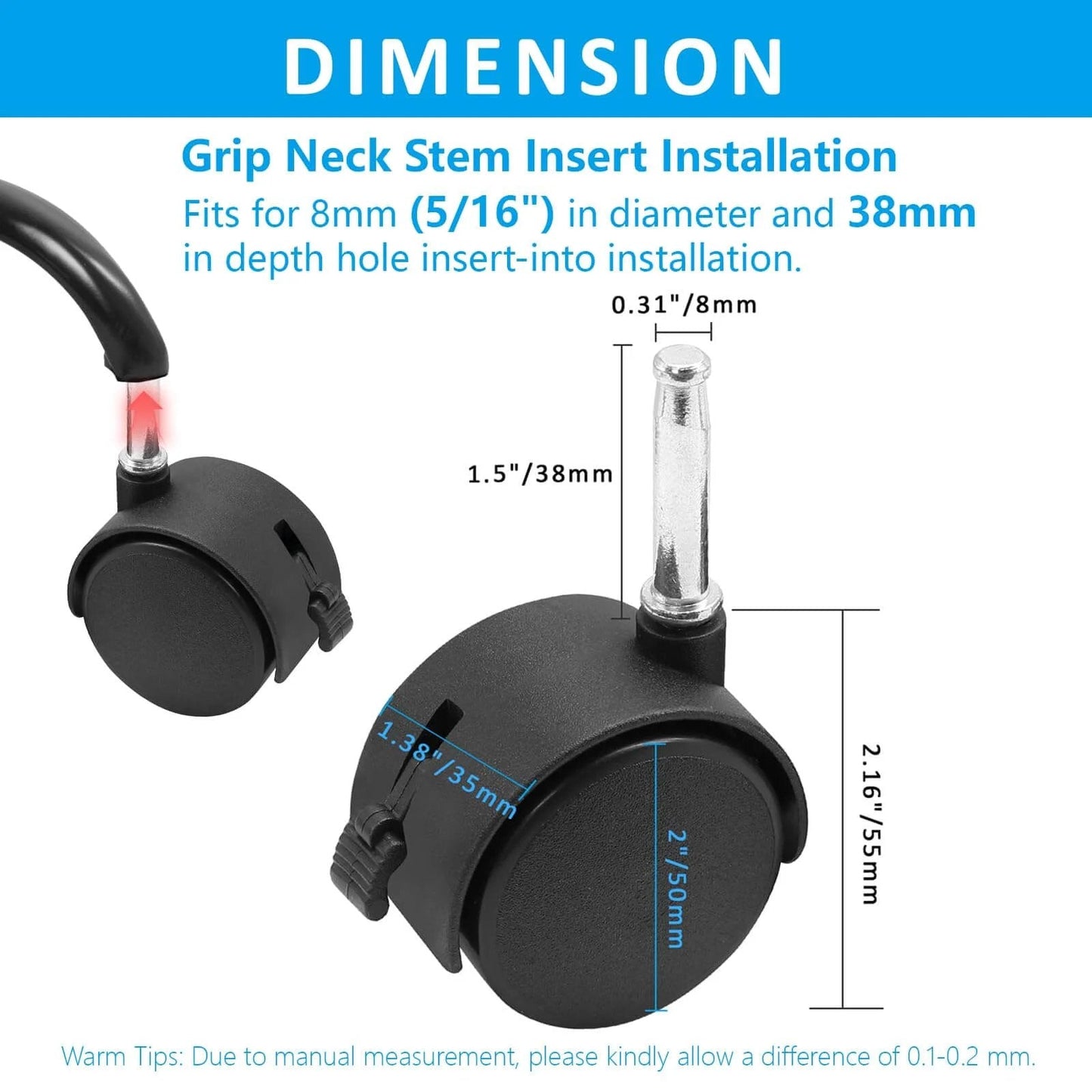 4pcs 2 Inch Swivel Caster Wheels with M8 Grip Neck Stem and Brake dimensions and installation details