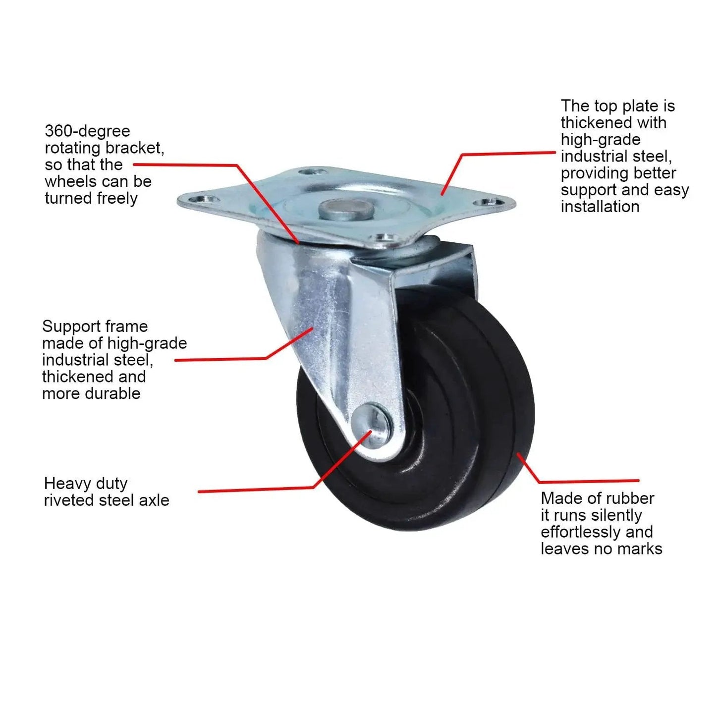 24 Pack 2 Inch Swivel Casters With Rubber Wheels For Furniture Trolleys And Industrial Use, showing caster with steel frame and rubber wheel.