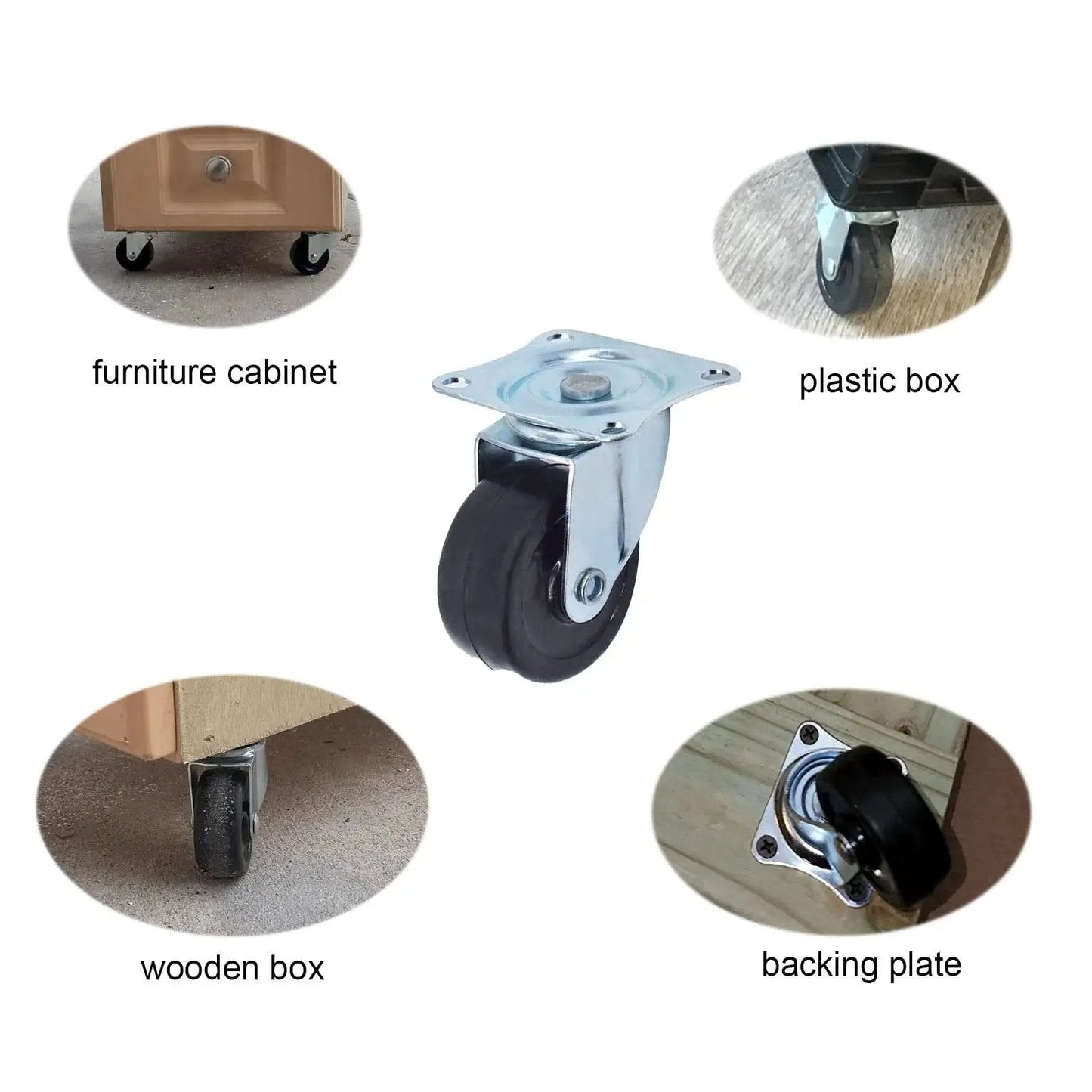 24 Pack 2 Inch Swivel Casters With Rubber Wheels For Furniture Trolleys And Industrial Use, shown on furniture and boxes