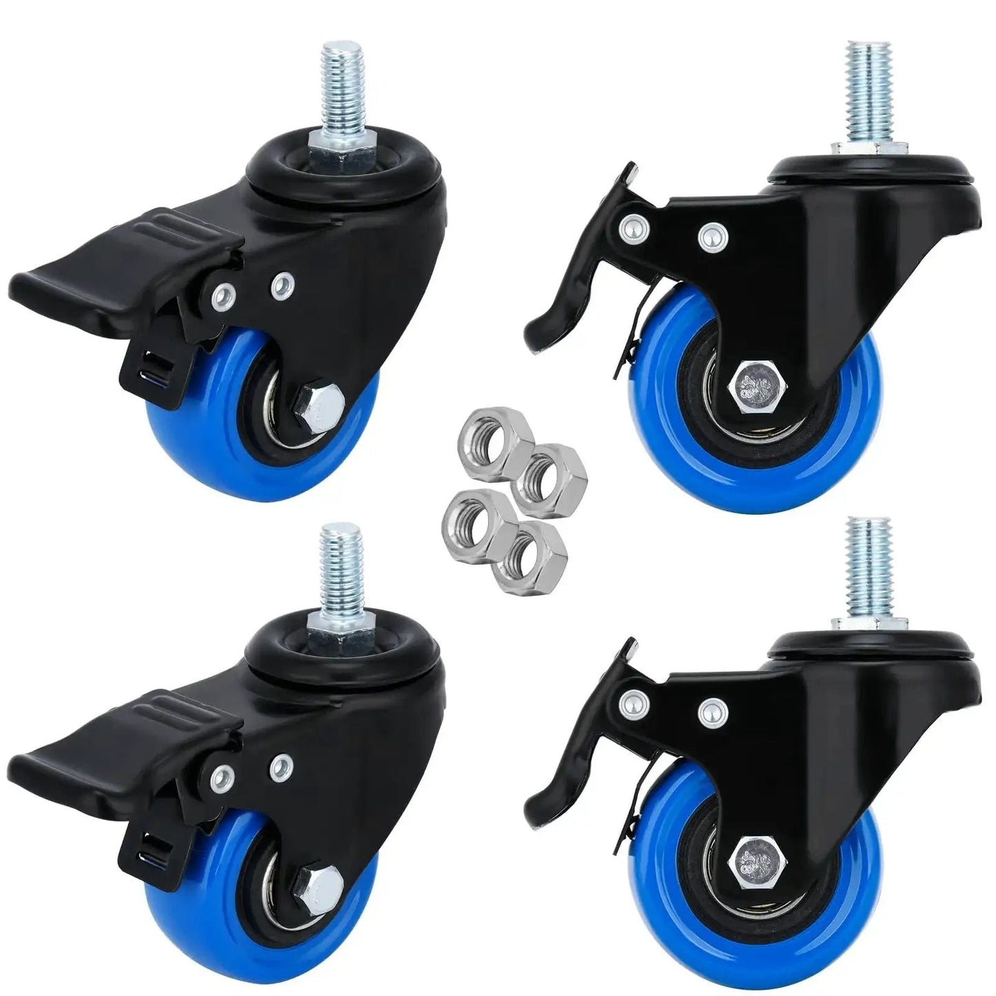 Set of 4 heavy duty 2-inch blue stem caster wheels with 1/2-13 threaded stem and dual locking brakes, 600 lb capacity for carts and furniture.
