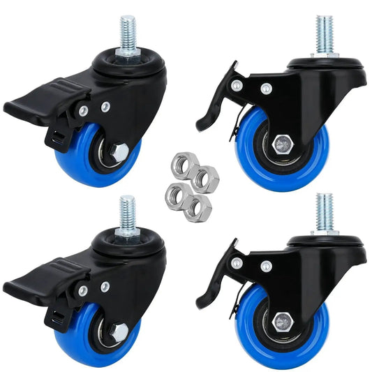 Set of 4 heavy duty 2-inch blue stem caster wheels with 1/2-13 threaded stem and dual locking brakes, 600 lb capacity for carts and furniture.
