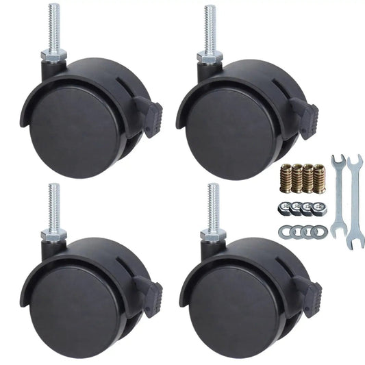 Set of four 2 Inch Swivel Stem Caster Wheels With Brakes For Shelving And Furniture Replacement Durable Polypropylene Casters shown from the front with installation tools included.