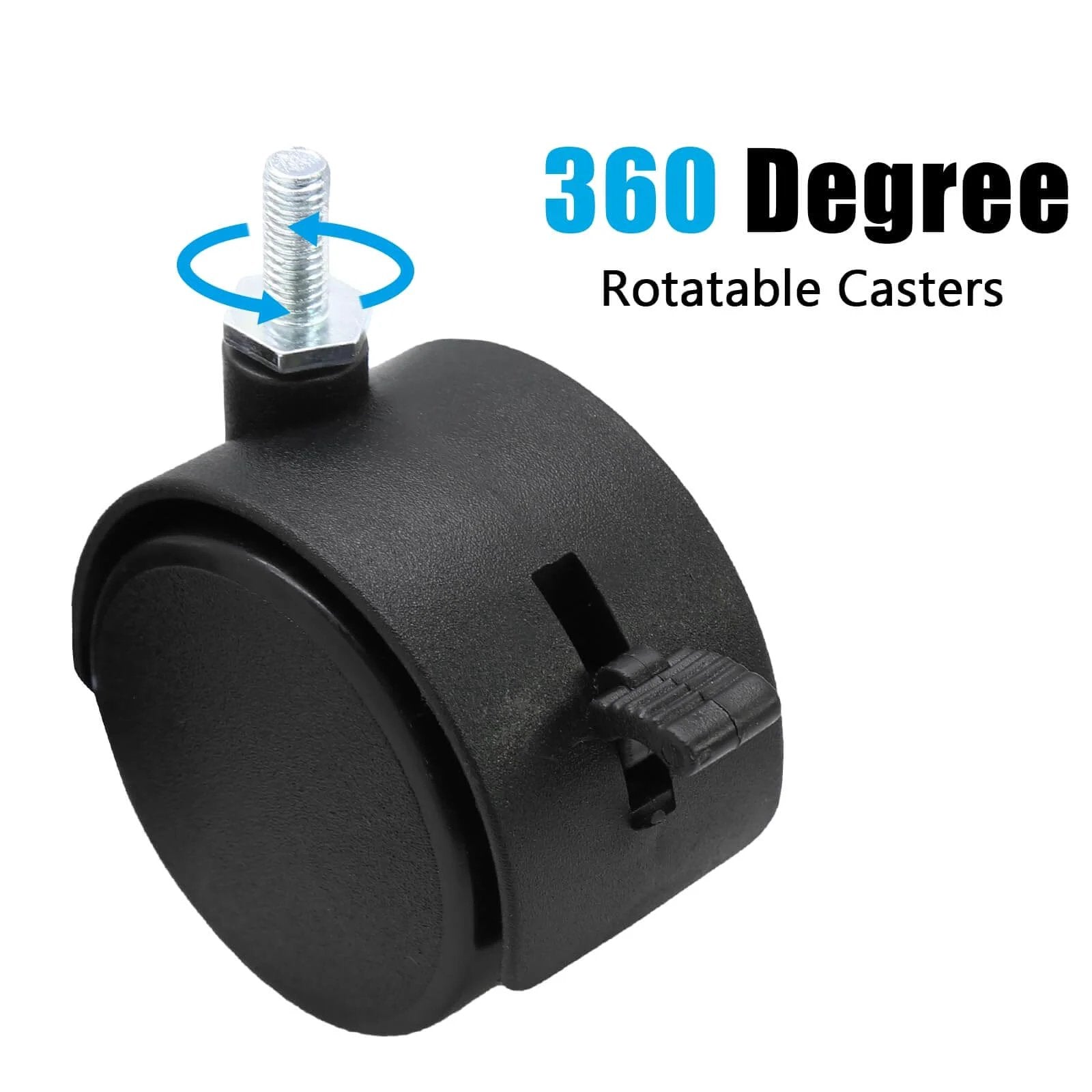 Close-up of 4pcs 2 Inch Swivel Caster Wheel with M6 Threaded Stem and Brake, showing black nylon wheel and 360-degree rotation sign.
