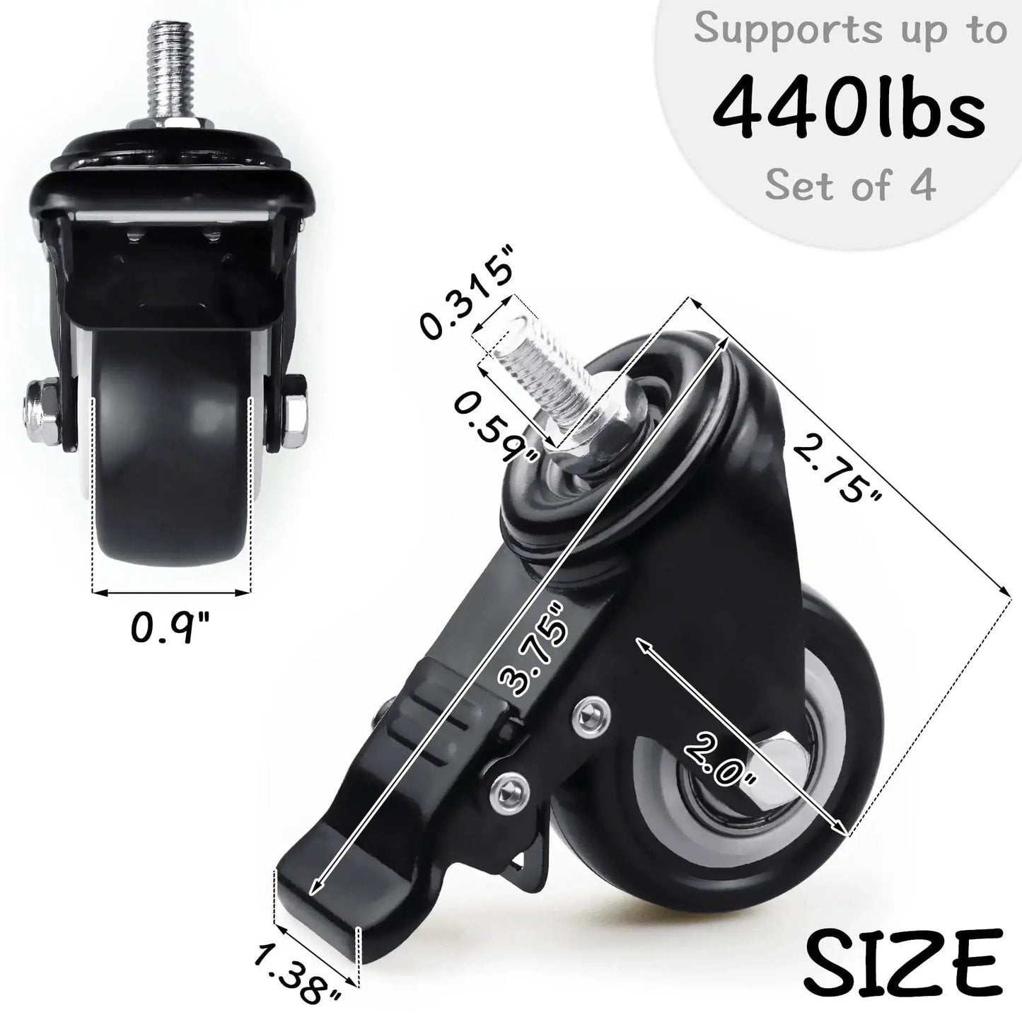 2 Inch Swivel Caster Wheels Set Of 12 With M8 Threaded Stem 15mm For Cart Desk Furniture shown with size dimensions and weight support
