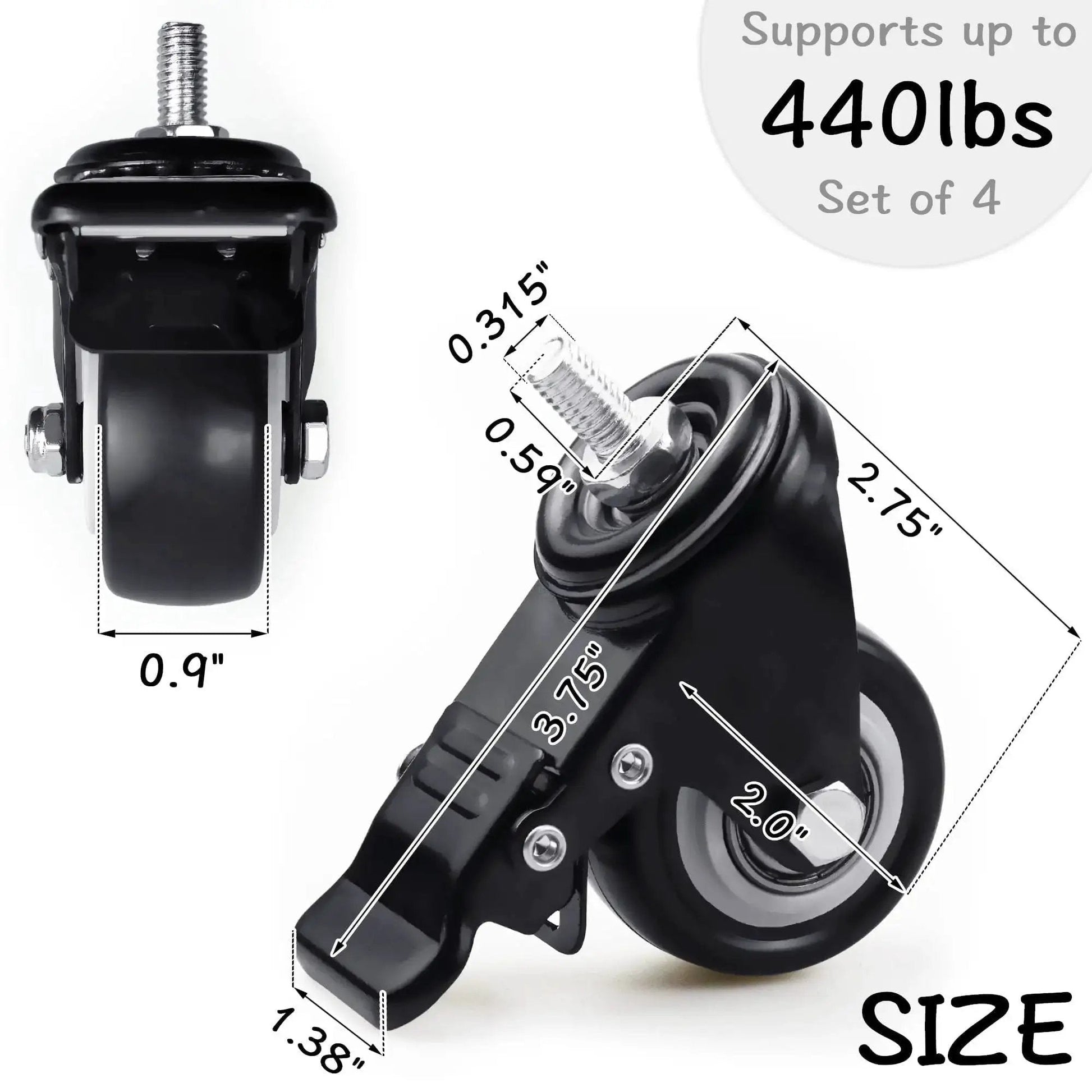 2 Inch Swivel Caster Wheels Set Of 12 With M8 Threaded Stem 15mm For Cart Desk Furniture shown with size dimensions and weight support