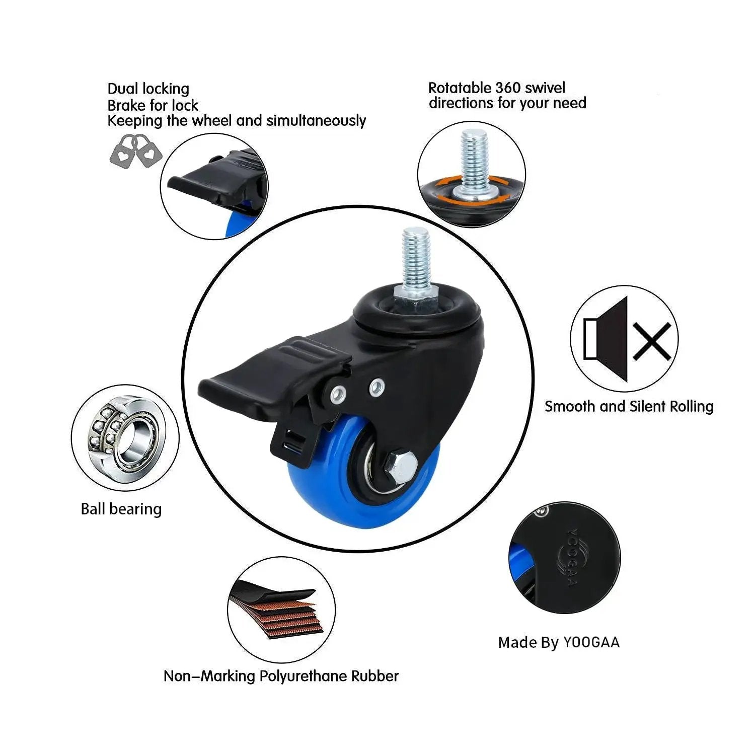2-Inch Stem Caster Wheels Set Of 4 With 1/2-13 Threaded Stem, Heavy Duty Swivel Casters Featuring Dual Locking Brakes