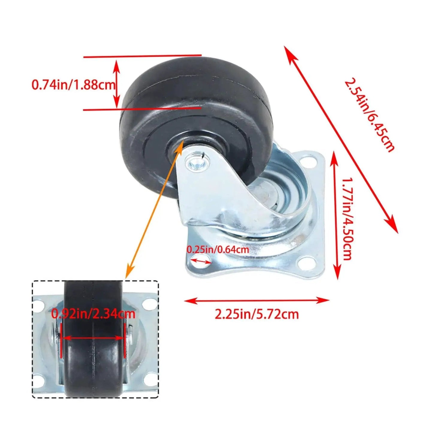 2 Inch Swivel Caster Wheels With Rubber Base And Top Plate Bearing, side view showing dimensions of wheel and plate.