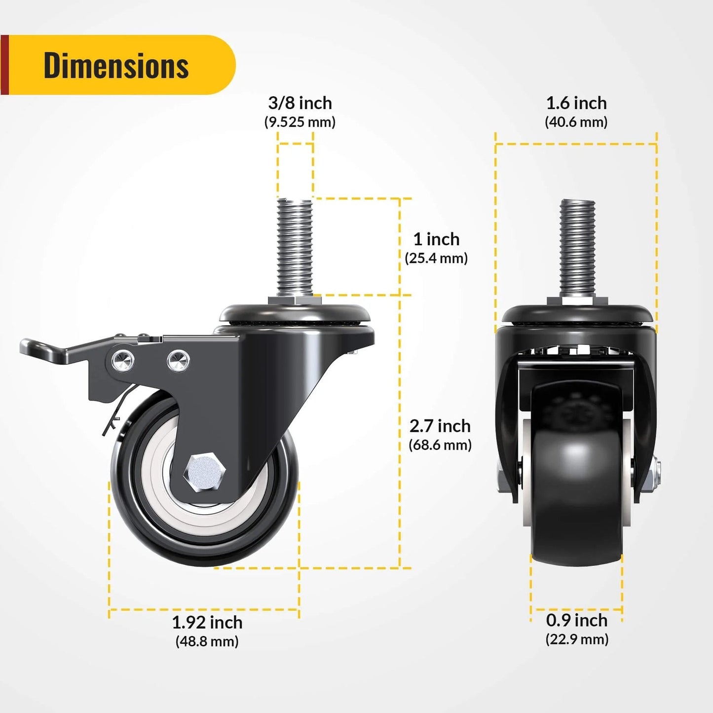 Dimensions diagram of 2 Inch Stem Caster Wheels Total Locking Set of 8 Heavy Duty Swivel Casters with steel housing and PVC wheels in black.