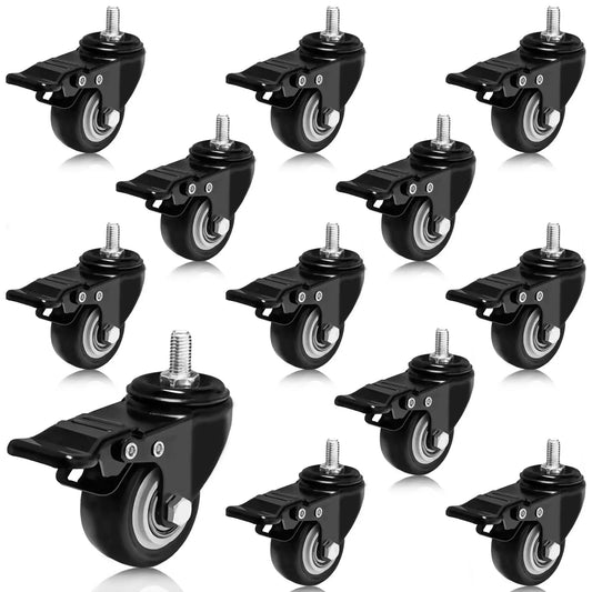 2 Inch Swivel Caster Wheels Set Of 12 With M8 Threaded Stem 15mm For Cart Desk Furniture, Polyurethane Rubber, Double Locking