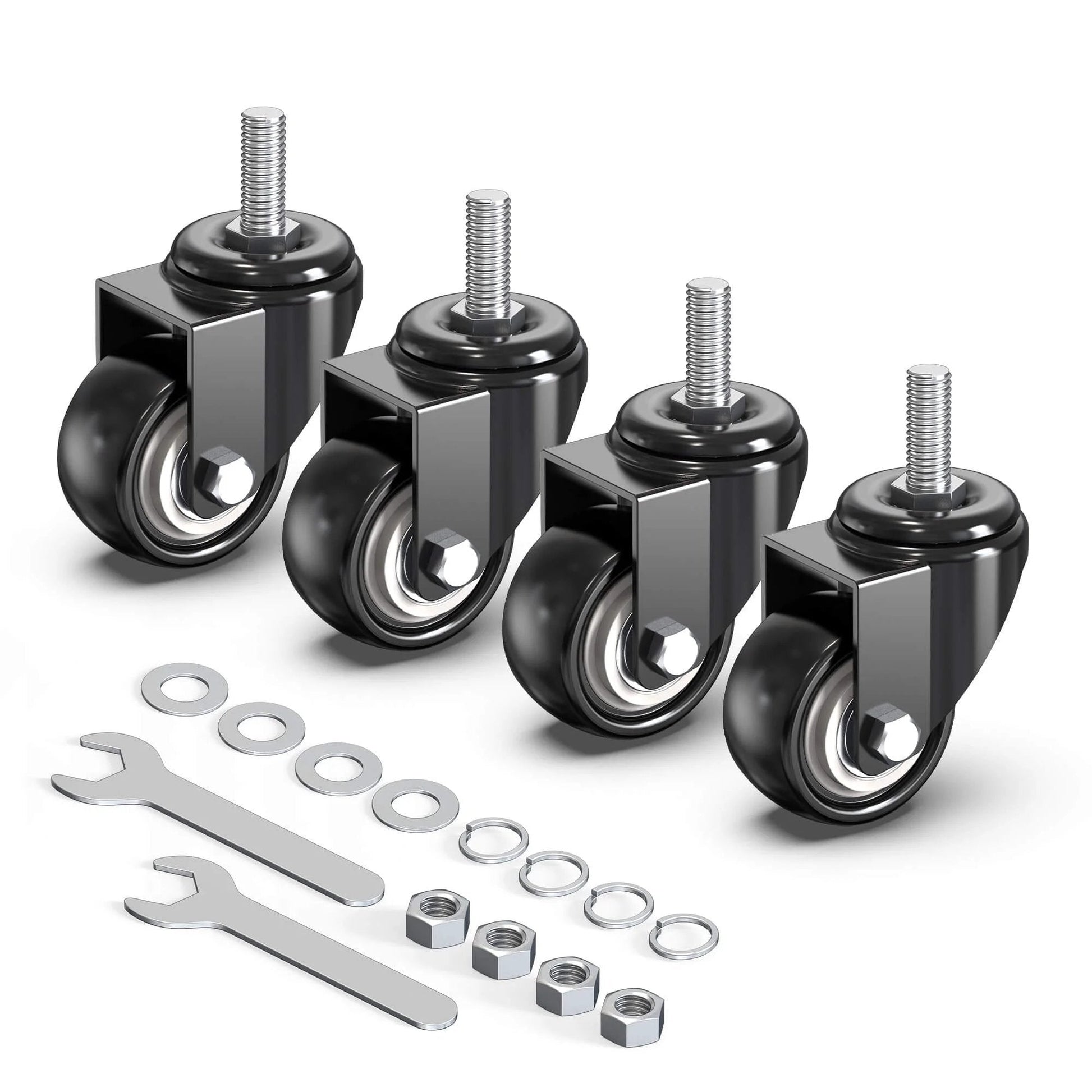 2 Inch Caster Wheels Set of 4 No Brake Swivel Casters with 3/8 Inch 16 x 1 Threaded Stem Heavy Duty Steel Housing Silent PVC Wheels Black