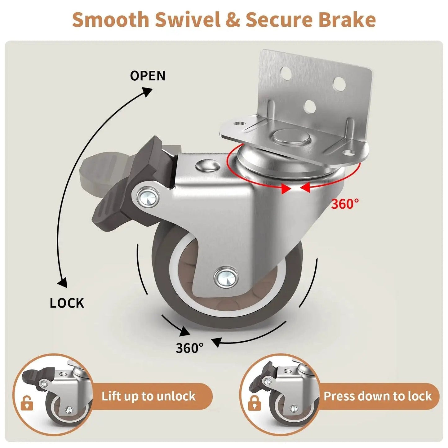 2 Inch L Shaped Swivel Plate Casters With Brakes, TPR Silent Furniture Wheels, 360° swivel, locking mechanism shown