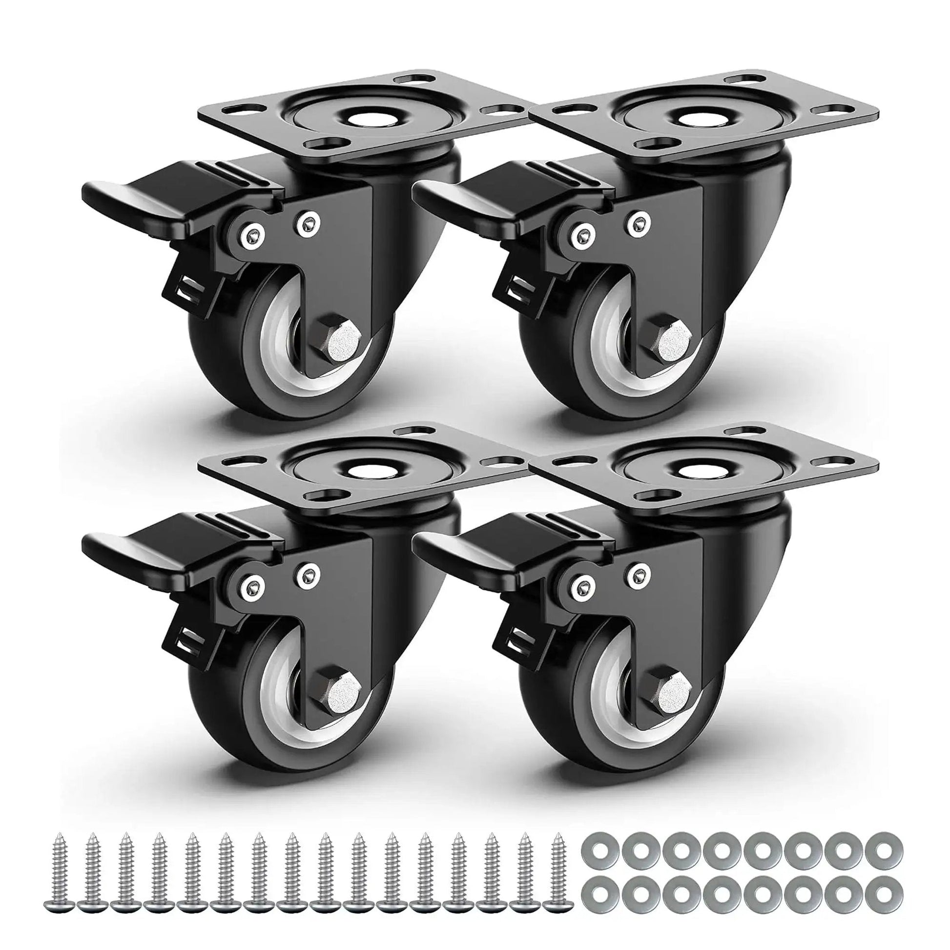 2 Inch Caster Wheels Heavy Duty Swivel Casters With Safety Brake Set Of 4 High Load Capacity 600 Lbs Total For Industrial Equipment Or Furniture Durable Steel Housing Ideal For Flight Cases Mobile Workstations Trolleys And More, shown with mounting hardware