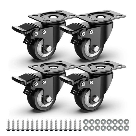 2 Inch Caster Wheels Heavy Duty Swivel Casters With Safety Brake Set Of 4 High Load Capacity 600 Lbs Total For Industrial Equipment Or Furniture Durable Steel Housing Ideal For Flight Cases Mobile Workstations Trolleys And More, shown with mounting hardware