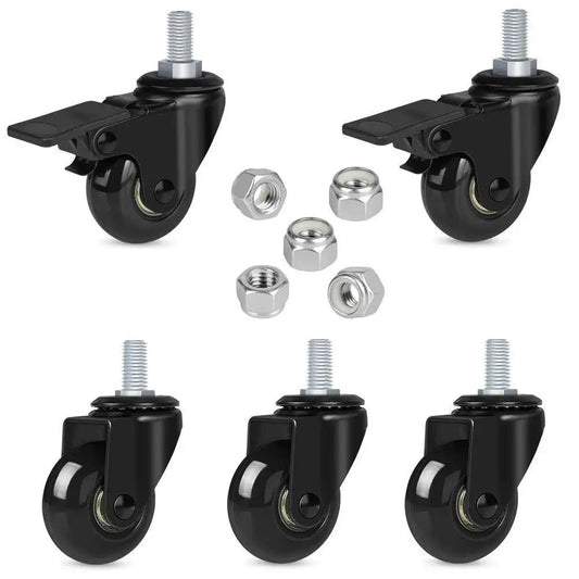 2 Inch Swivel Caster Set With 3/8-16UNC Threaded Stem For Hardwood Tile And Carpet Floors, Includes 2 Brake Lock Casters And 3 Non Lock Casters, Heavy Duty Swivel Casters With Lock Nuts displayed
