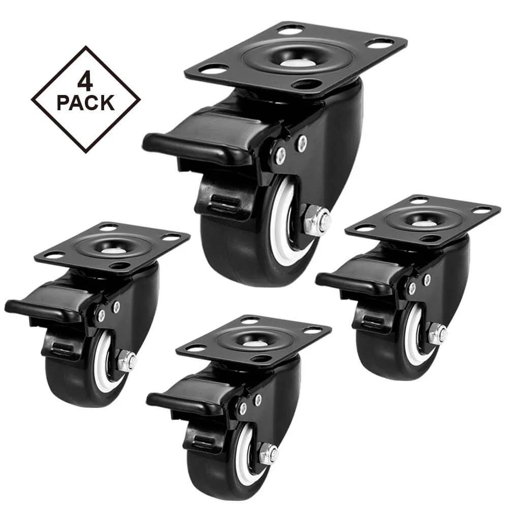 2 Inch Caster Wheels Heavy Duty Set of 4 Locking Swivel Casters with Top Plate Non Marking Black TPR Wheels for Carts Furniture