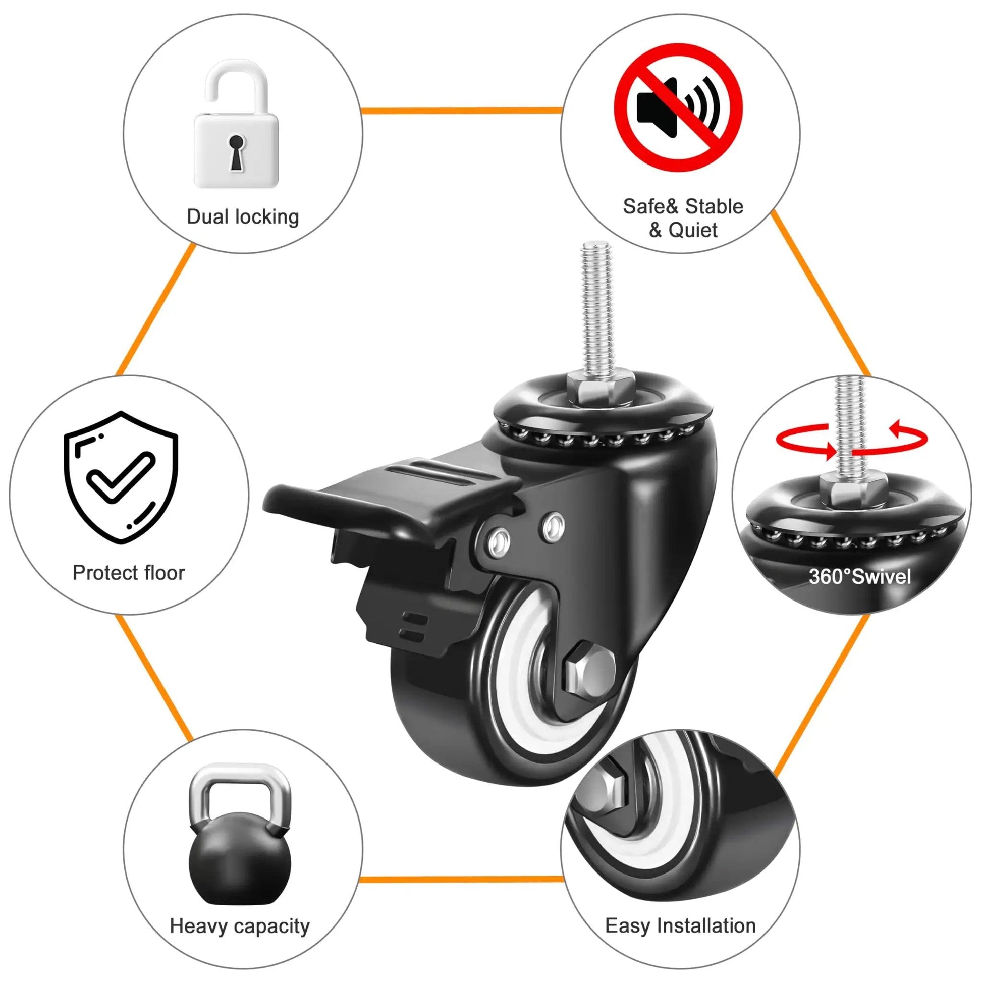 2 Inch Swivel Stem Wheels One Quarter Twenty Threaded Stem Caster Imperial Threaded Stem Mute No Noise Premium PU Wheel