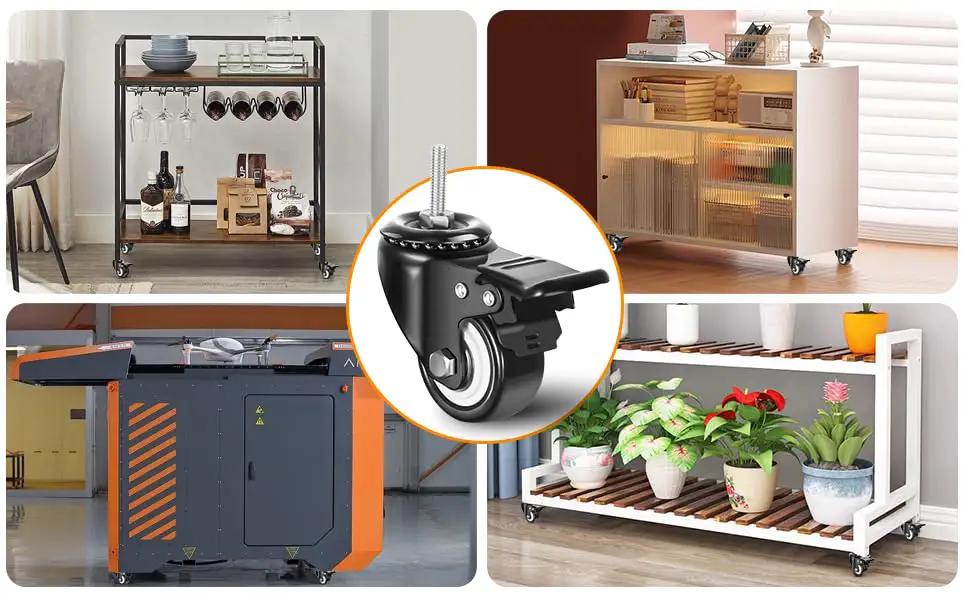 Collage of furniture and equipment with 2 Inch Swivel Stem Wheels One Quarter Twenty Threaded Stem Caster Imperial Threaded Stem Mute No Noise Premium PU Wheel With Brake For Furniture And Industry Set Of 4 Durable Quiet Floor Friendly Rollers For Medical Equipment Office Carts And Light.