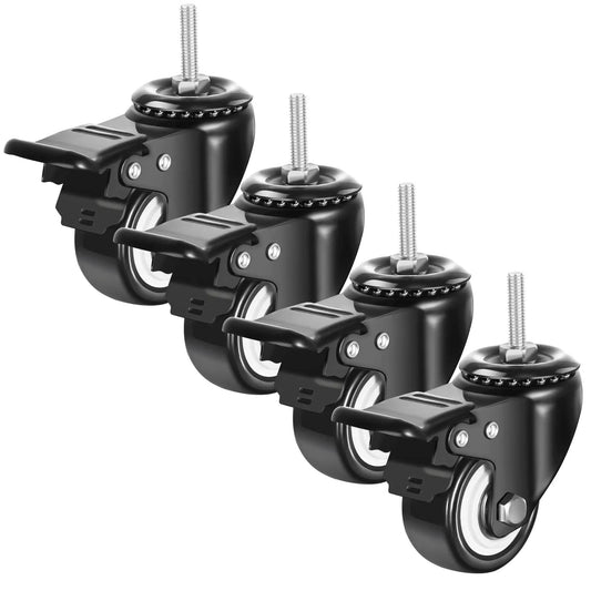 2 Inch Swivel Stem Wheels One Quarter Twenty Threaded Stem Caster Imperial Threaded Stem Mute No Noise Premium PU Wheel With Brake For Furniture And Industry Set Of 4 Durable Quiet Floor Friendly Rollers