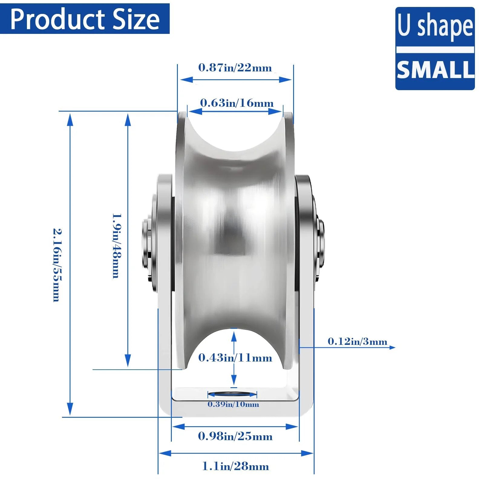 2 Pack 2 Inch Pulley Block U Grooved Wheel Pulley, 304 Stainless Steel Pulley Roller, front view with dimensions