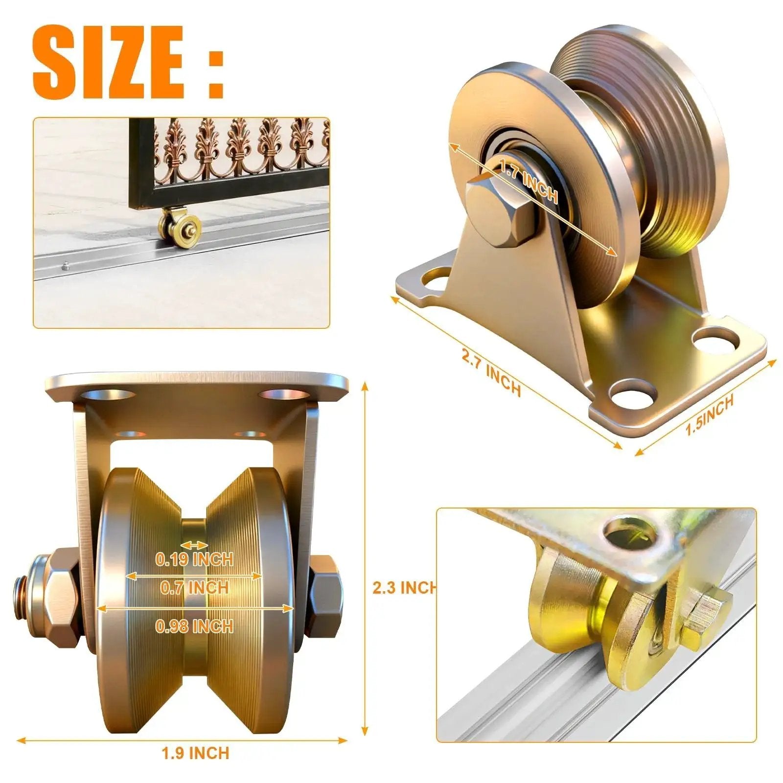 2 Inch V Groove Sliding Gate Wheels Heavy Duty Rigid Casters For Inverted V Track Rails, size dimensions illustration