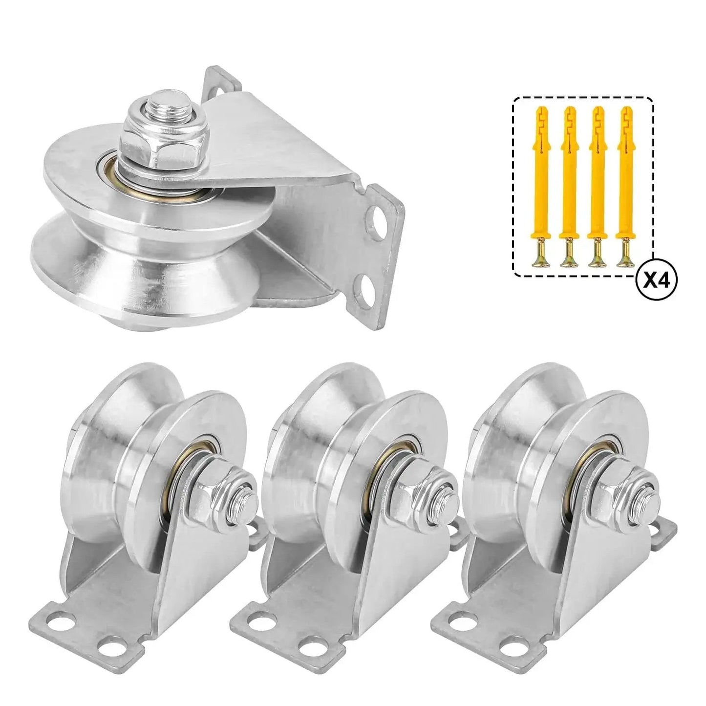 4 Pack 2 Inch V Groove Wheel Pulley Set In 201 Stainless Steel With Screws, 880 Lbs Load Capacity Silent Bearing V Groove Caster
