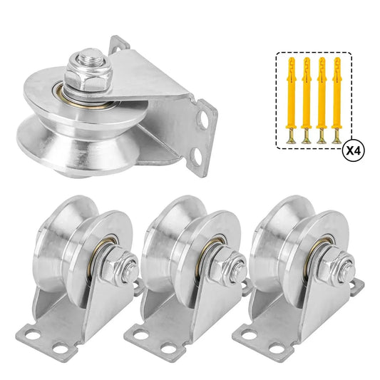 4 Pack 2 Inch V Groove Wheel Pulley Set In 201 Stainless Steel With Screws, 880 Lbs Load Capacity Silent Bearing V Groove Caster