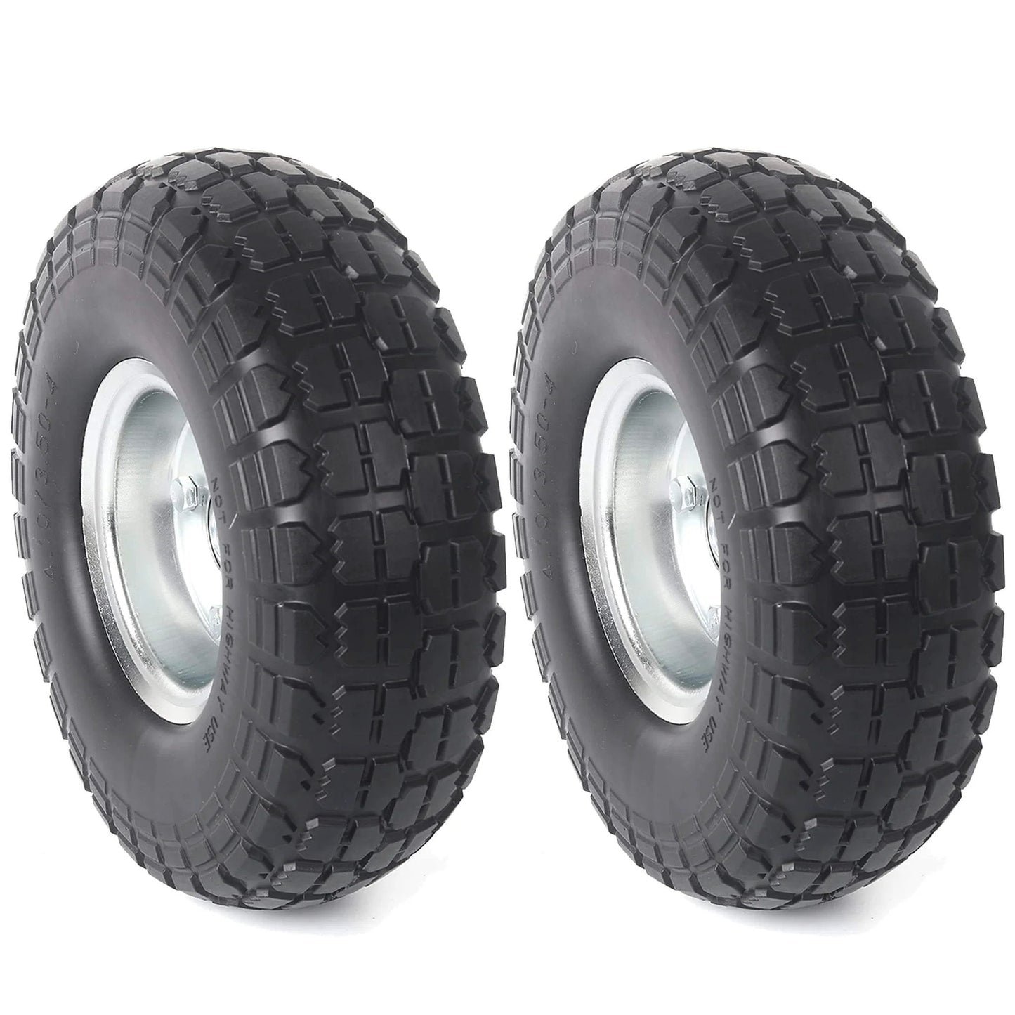 2 Pack 10 Inch Solid Rubber Tire Wheels, 4.10/3.50-4 Flat Free Replacement Tires with 5/8 Inch Bearings, Steel Rim
