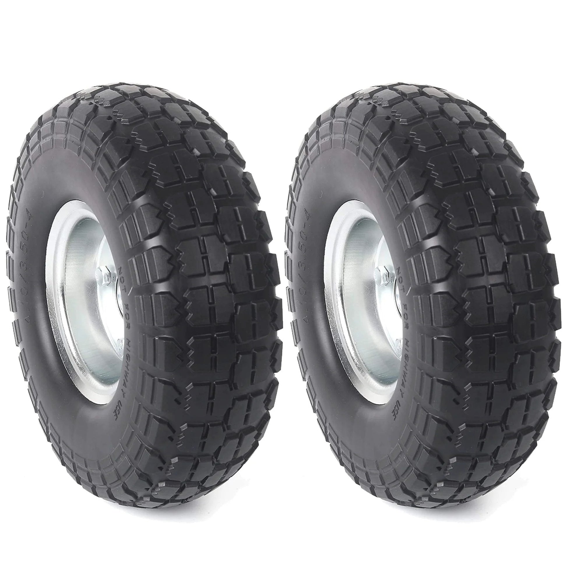 2 Pack 10 Inch Solid Rubber Tire Wheels, 4.10/3.50-4 Flat Free Replacement Tires with 5/8 Inch Bearings, Steel Rim