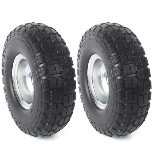 2 Pack 10 Inch Solid Rubber Tire Wheels, 4.10/3.50-4 Flat Free Replacement Tires with 5/8 Inch Bearings, Steel Rim