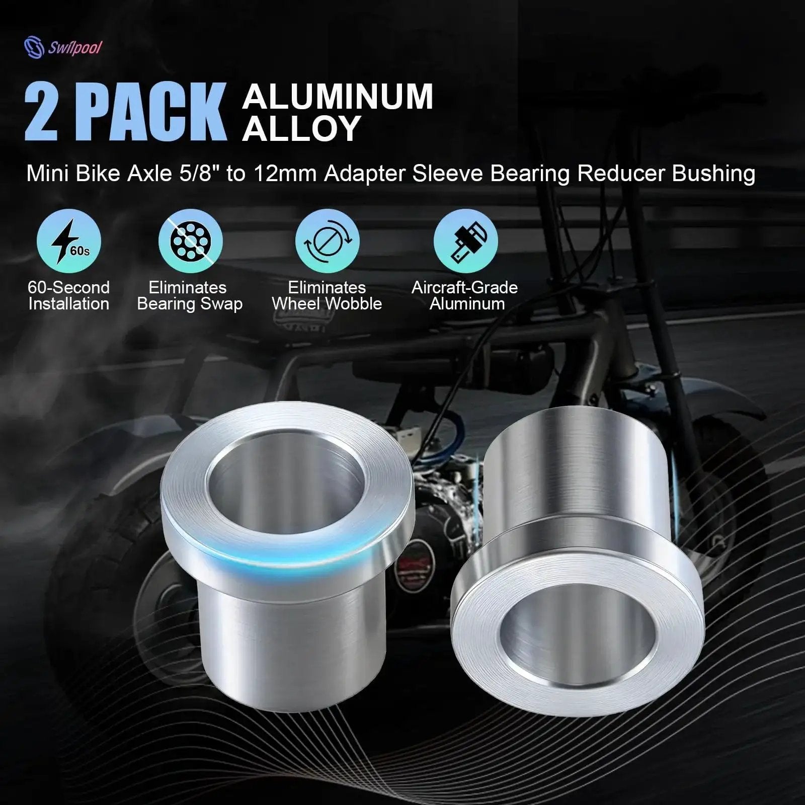 Two Pack Five Eighths Inch To 12mm Adapter Sleeve Bearing Reducer Bushing For Mini Bike Axle Aluminum Alloy CNC Machined 6061 T6