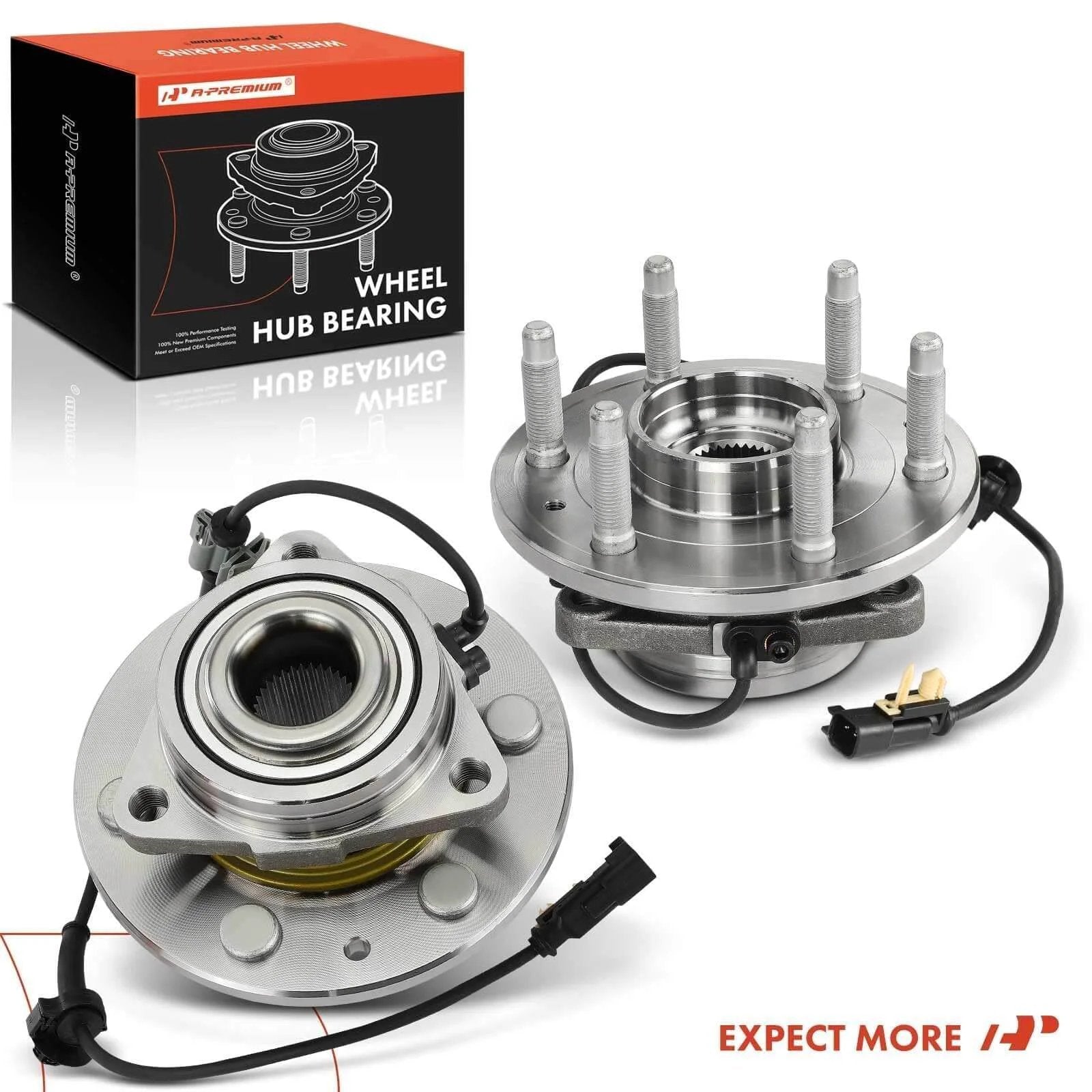 2 Pack Front Wheel Bearing and Hub Assembly for 4WD Chevy Silverado Sierra SUVs with 6 Lug and ABS Sensor, shown with packaging