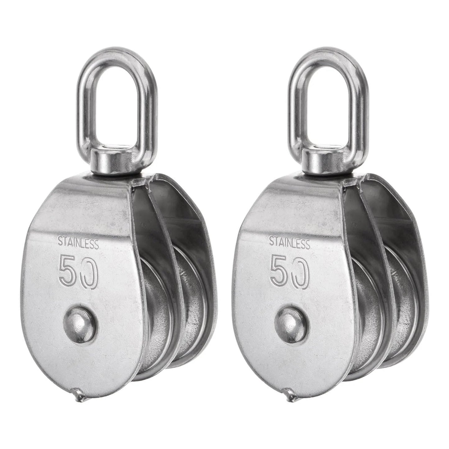 Front view of 2pcs M50 Double Pulley Block, Stainless Steel Swivel Rigging Lifting Wheel Fixed Pulley, showing double sheave design.