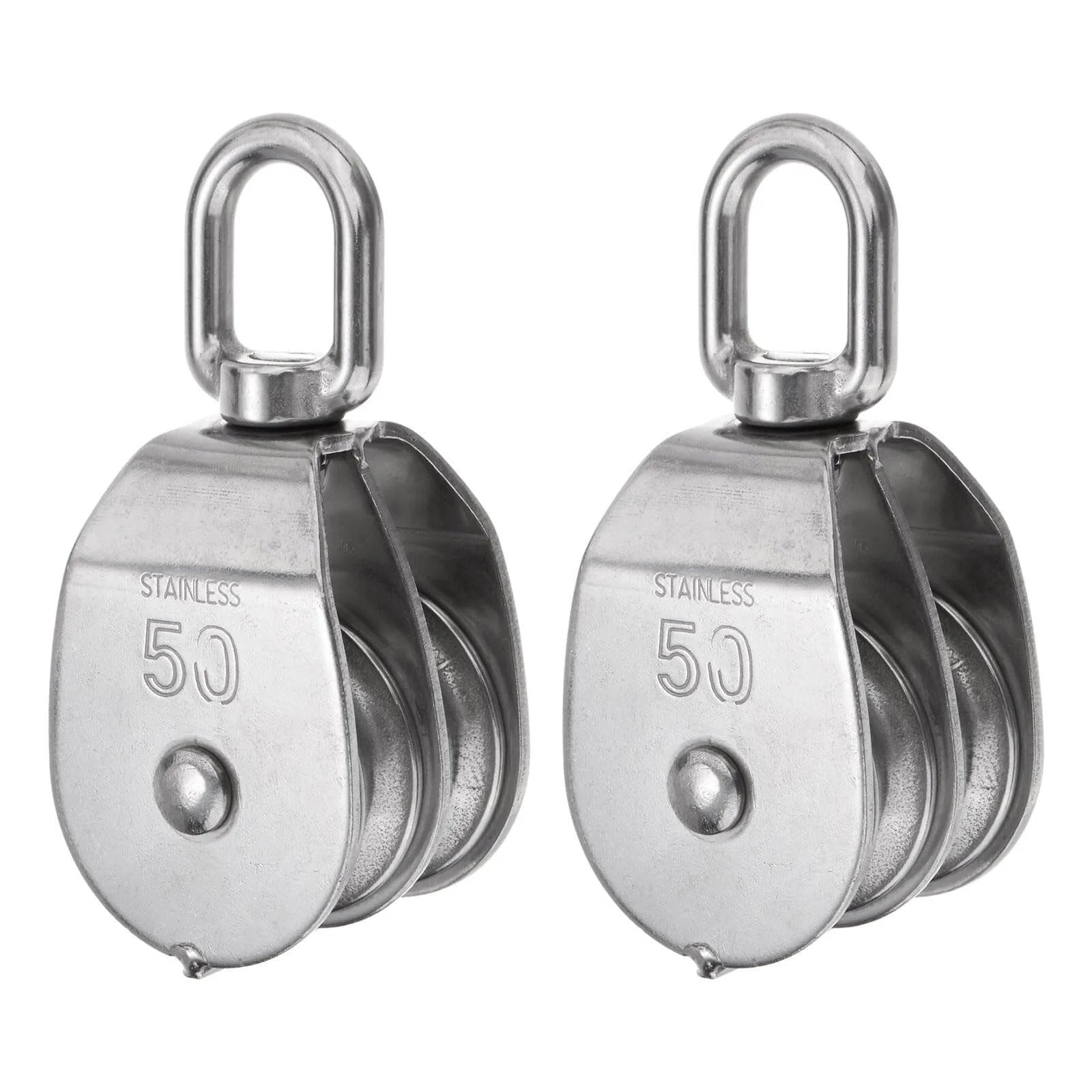 Front view of 2pcs M50 Double Pulley Block, Stainless Steel Swivel Rigging Lifting Wheel Fixed Pulley, showing double sheave design.