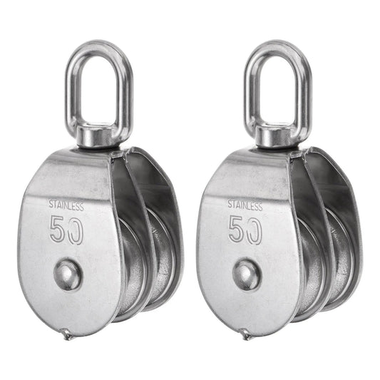 Front view of 2pcs M50 Double Pulley Block, Stainless Steel Swivel Rigging Lifting Wheel Fixed Pulley, showing double sheave design.