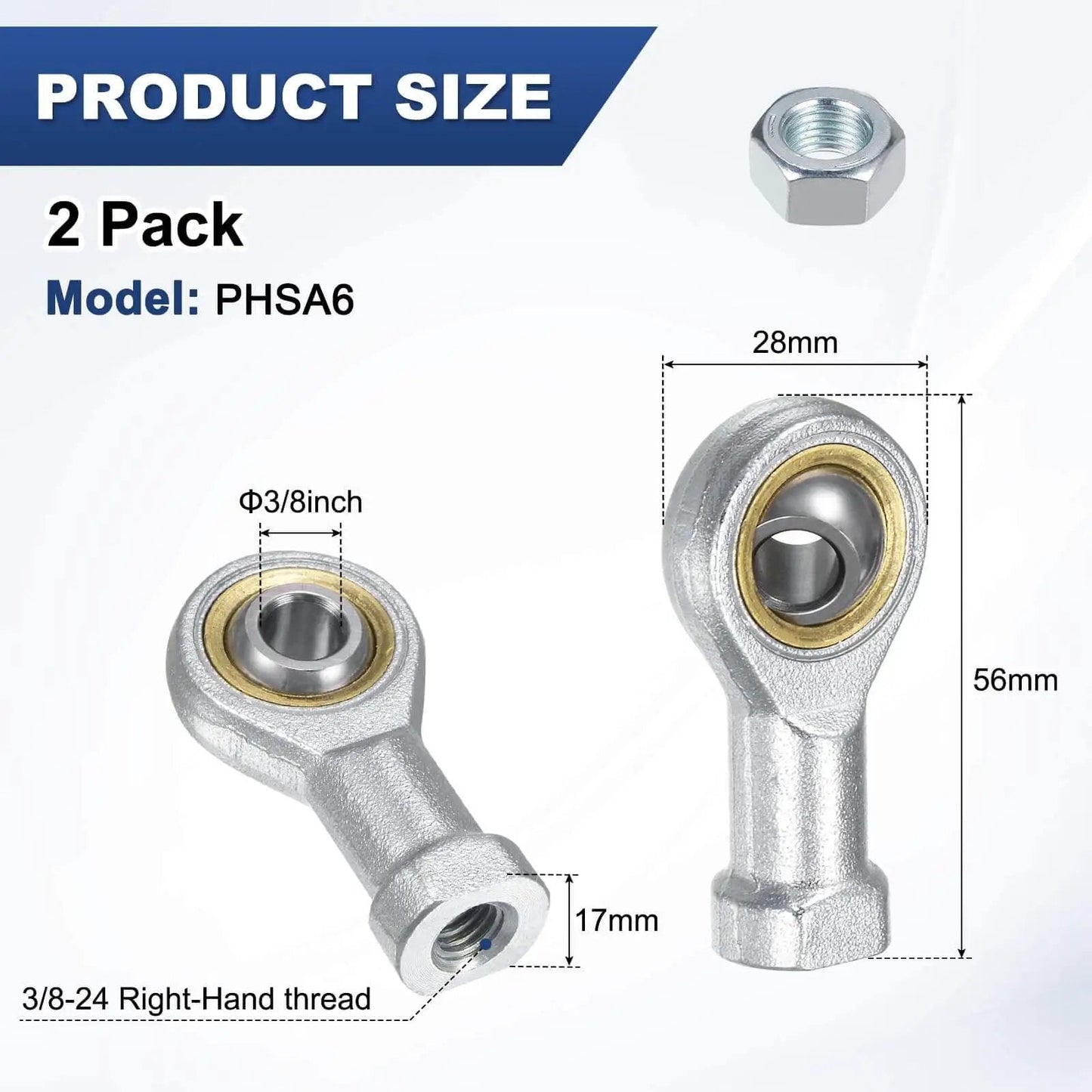 2-Pack PHSA6 Rod End Bearing Workhorse with 3/8 bore, 3/8-24 right thread, self-lubricating steel joint, and jam nuts dimensions