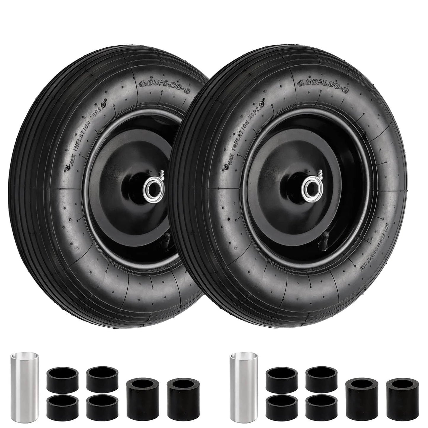 ✝️ (2 pack) 4.80/4.00-8 tire and wheel, 16" pneumatic wheelbarrow tires with 3" centered hub and 3/4" bearings, shown with adapters