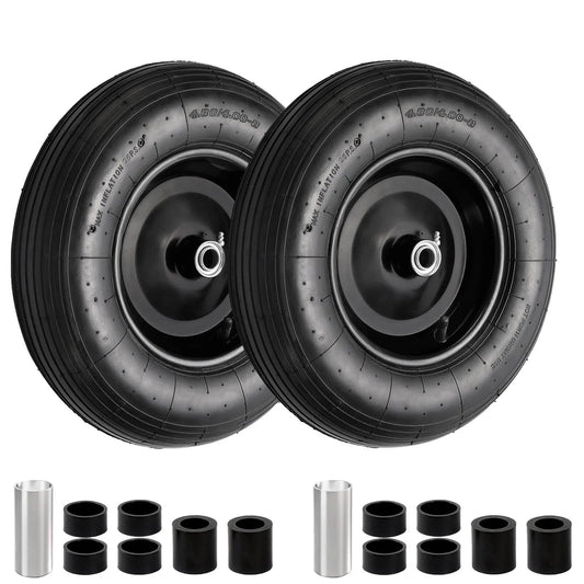 ✝️ (2 pack) 4.80/4.00-8 tire and wheel, 16" pneumatic wheelbarrow tires with 3" centered hub and 3/4" bearings, shown with adapters