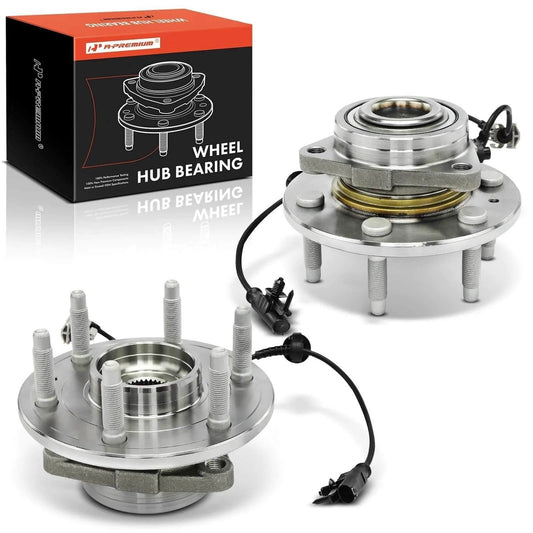 2 Pack Front Wheel Bearing Hub Assembly for 4WD Chevy Silverado Tahoe Suburban Avalanche GMC Sierra Yukon XL and Cadillac Escalade ESV EXT, 6 Lug with ABS Sensor, shown with box.
