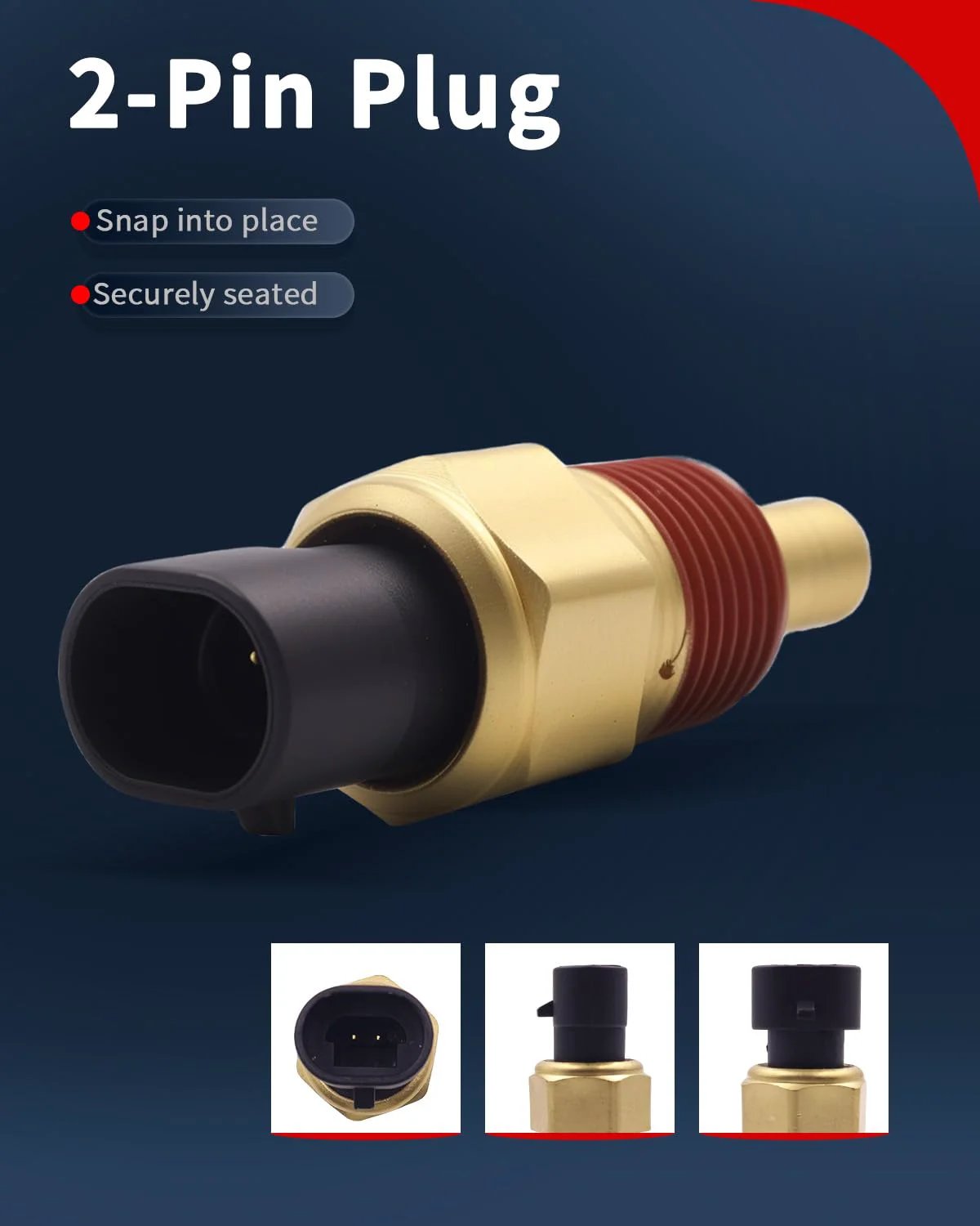 Close-up of Engine Coolant Temperature Sensor For GM Rides And Trucks With Connector ECT Water Temp Sensor, 2-pin plug and brass housing.
