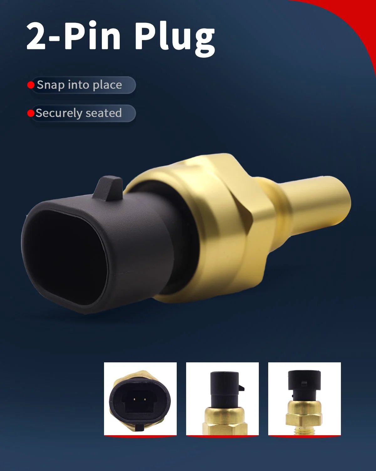 Close-up of Engine Coolant Temperature Sensor ECT Water Temperature Sensor For Chevy And GMC Rides With Connector, 2-pin plug design.