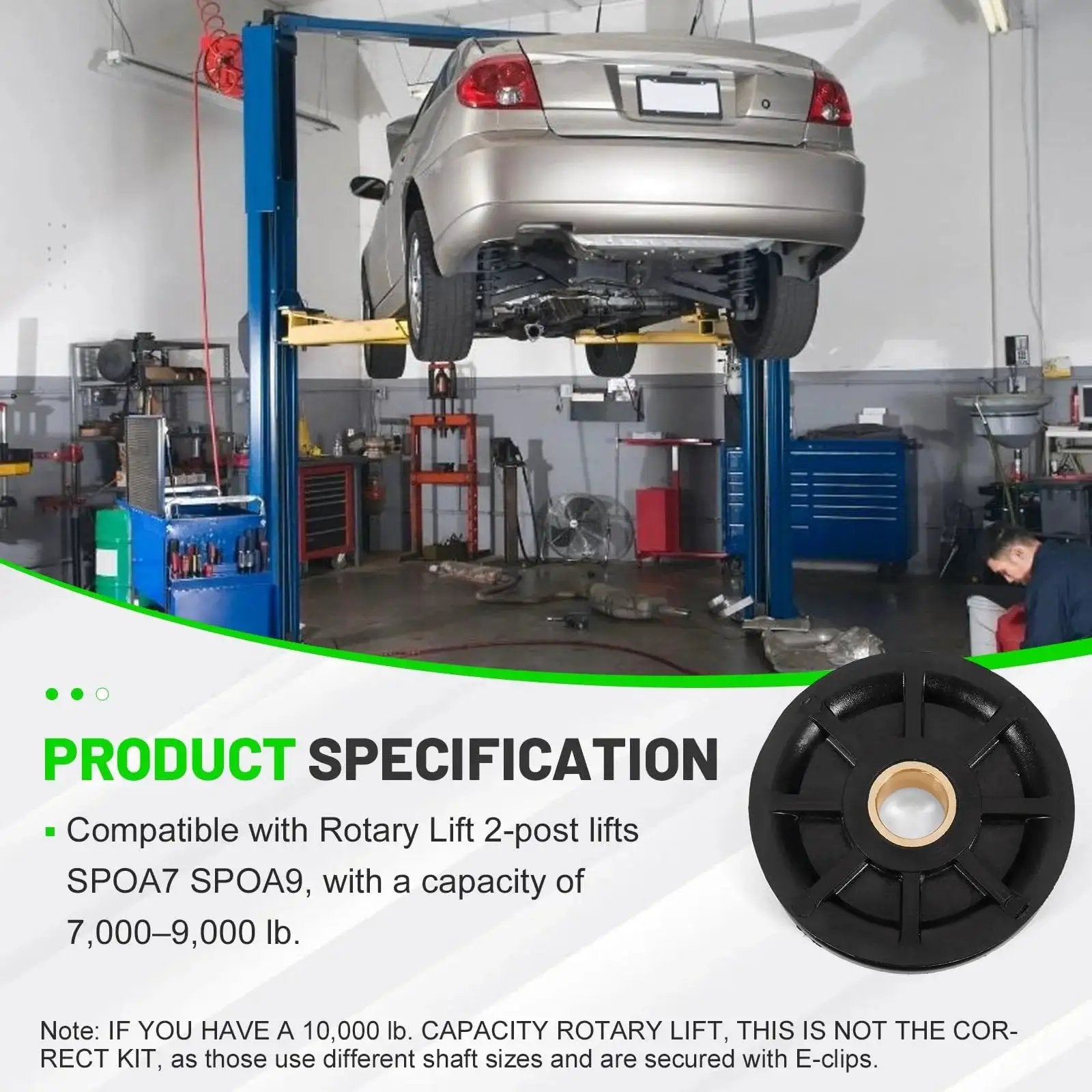 Car on 2-post lift with 2-Post Lift Upper Pulley Sheave Kit For Rotary Lift SPOA7 SPOA9 7,000 To 9,000 Lb Capacity shown