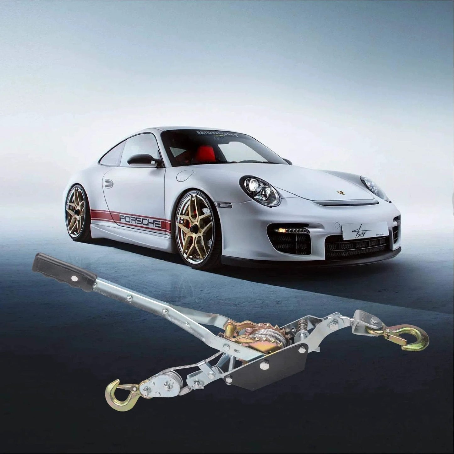 2 Ton Dual Gear Come Along Winch With Steel Cable 5mm 78 Inch Length 2 Hook Hand Puller in front of a white sports car