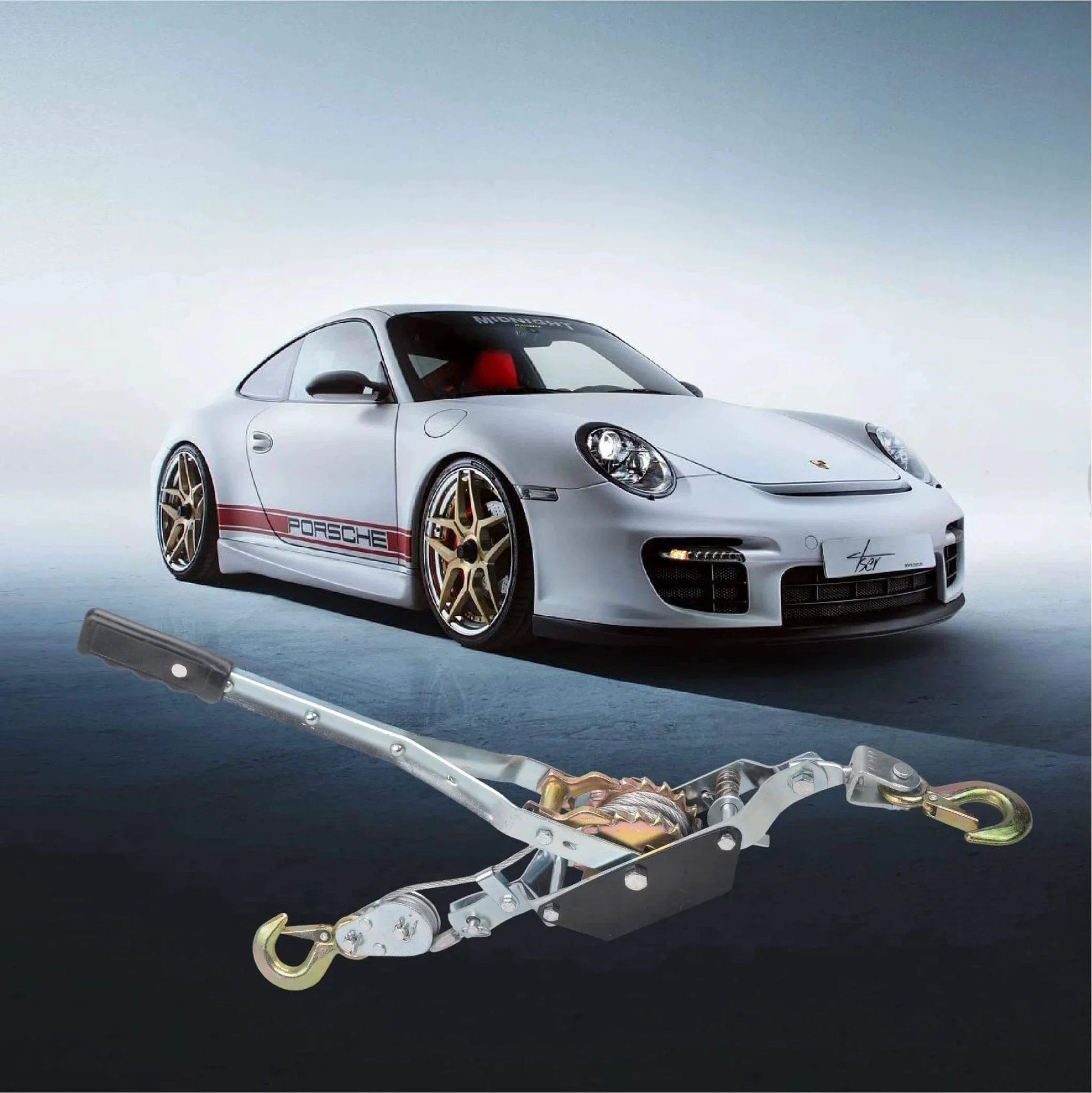 2 Ton Dual Gear Come Along Winch With Steel Cable 5mm 78 Inch Length 2 Hook Hand Puller in front of a white sports car