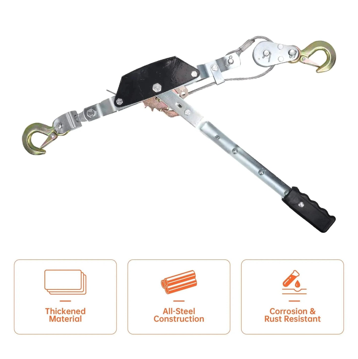 2 Ton Dual Gear Come Along Winch With Steel Cable 5mm 78 Inch Length 2 Hook Hand Puller showing dual hooks and steel construction.