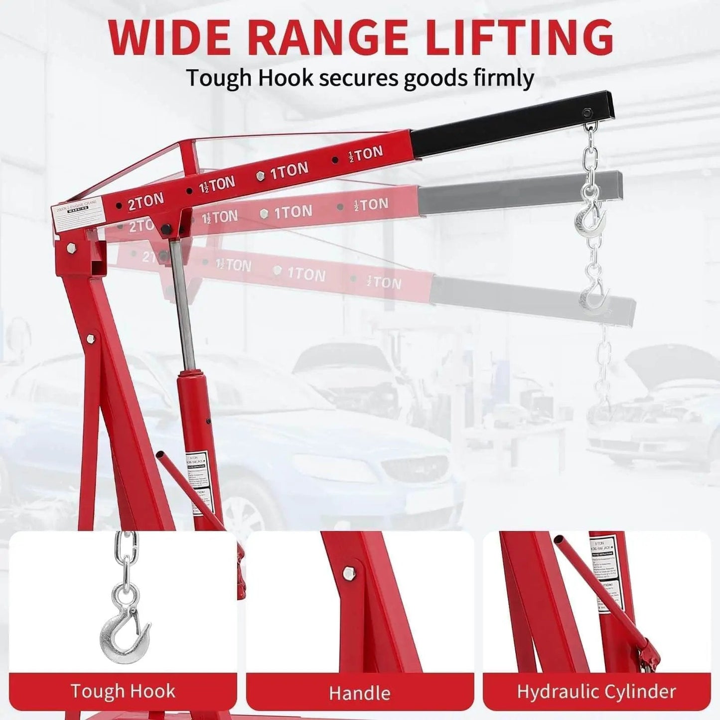 Heavy Duty 2 Ton Folding Hydraulic Engine Hoist with Load Leveler And Adjustable Boom from 0.5 to 2 Tons, 6 Swivel Wheels