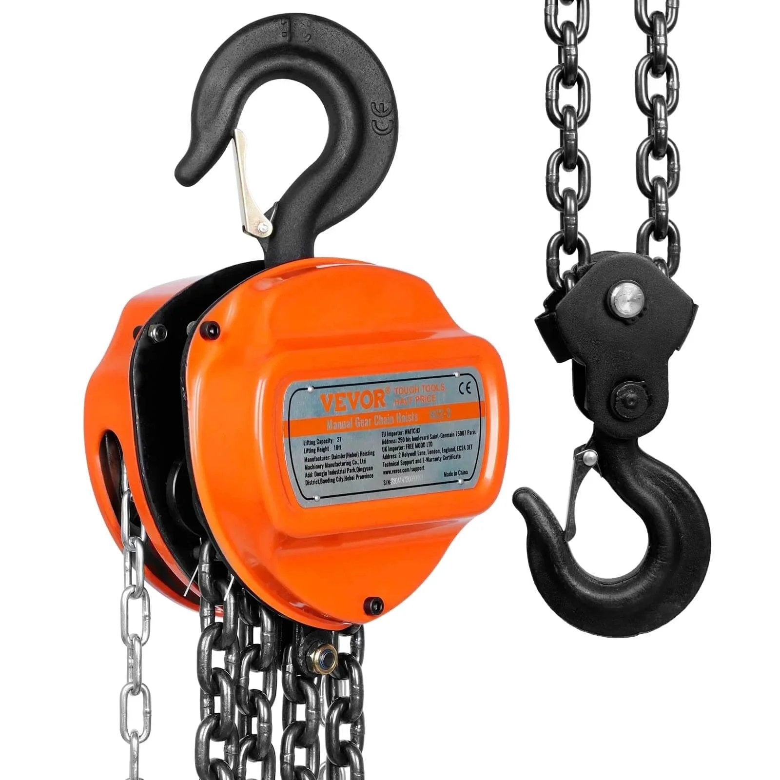 Orange 2 Ton Hand Chain Hoist 4400 Lbs Capacity 10 Ft Lift with G80 Galvanized Chain and Double Pawl Brake