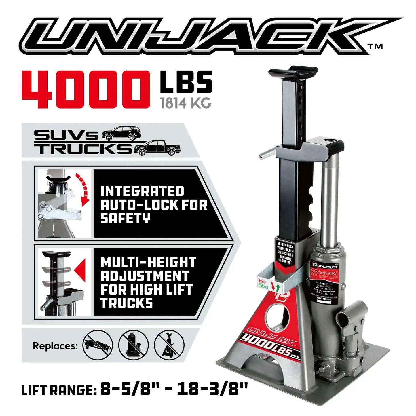 2 Ton UniJack Combination Hydraulic Bottle Jack And Jackstand In One Unit, shown with features and specifications for cars and SUVs.