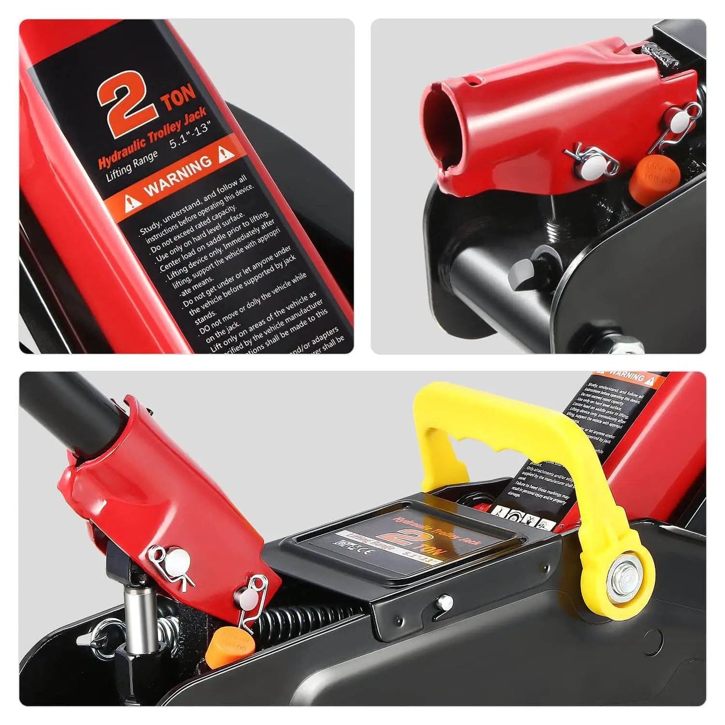 Close-up views of 2 Ton Car Jack And Stands Kit With Hydraulic Floor Jack And Ratchet Stands For Home Garage And Shop, 4000 Lb Capacity, Low Profile Trolley Jack, Red And Black components.